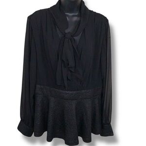 New XS City Chic Black Blouse Peplum Long Sleeve Bow Neckline Ruffle Goth